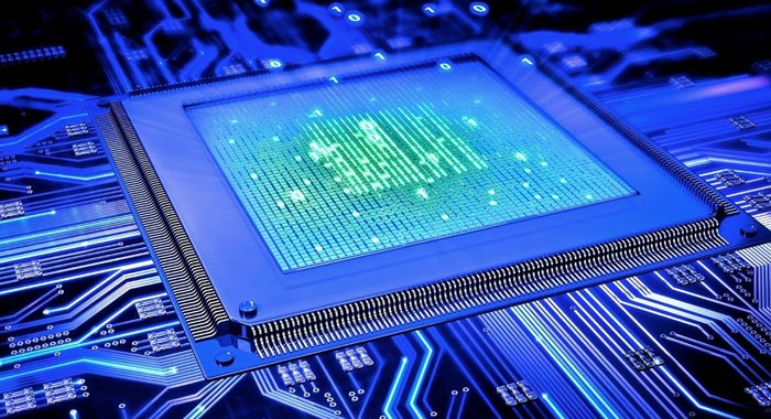 Close-up of a processor and blue circuit board